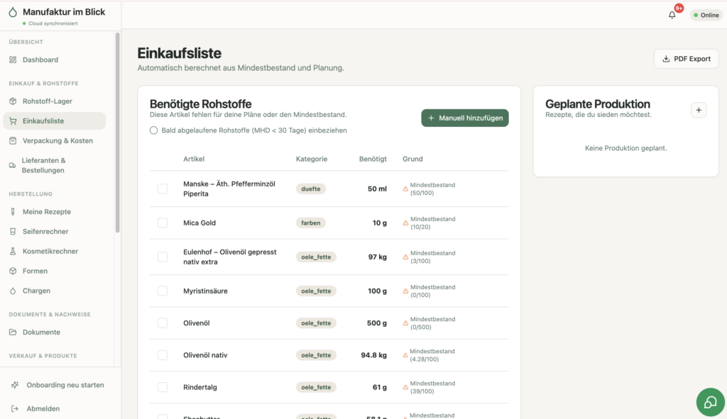 Screenshot der Manufaktur im Blick am Browser