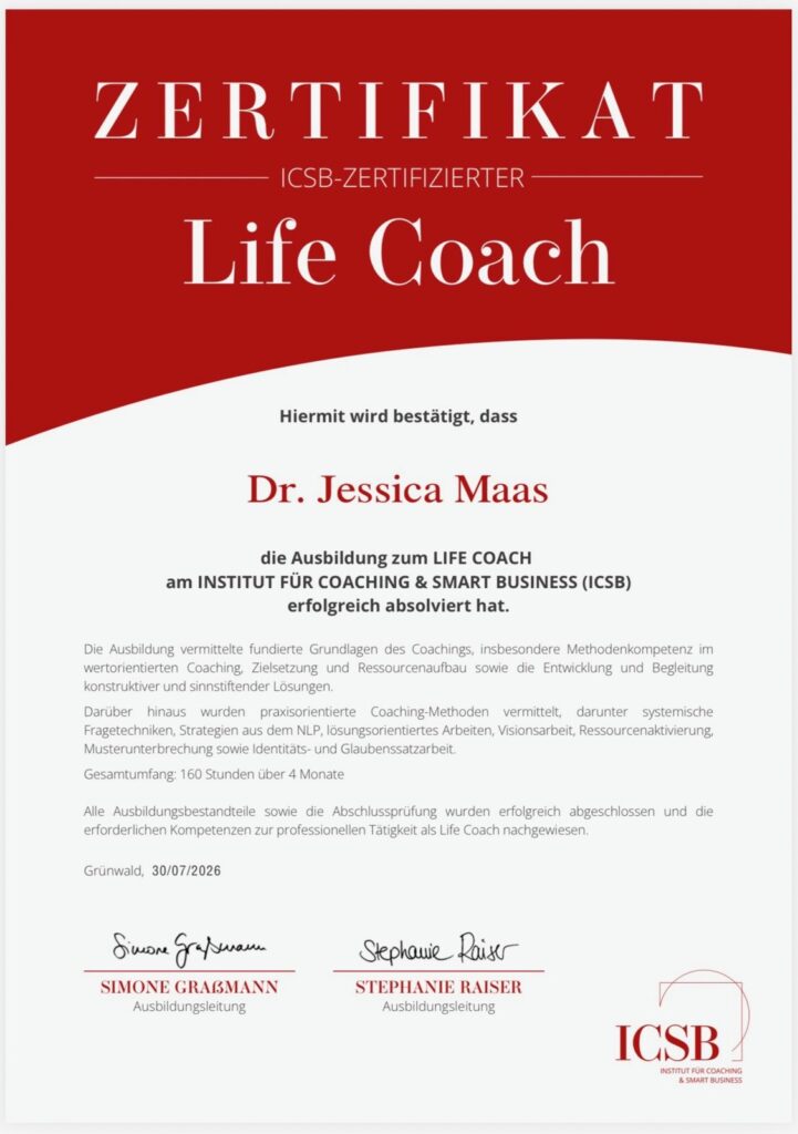 Zertifikat Life Coach von Dr. Jessica Maas – Monatsrückblick Juli 2026